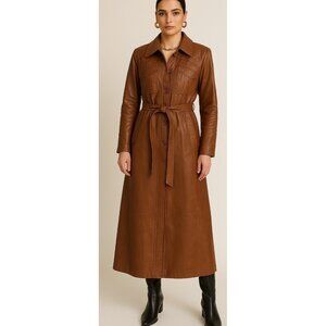 Vintage B&R Brown Genuine Leather Trench Coat w/ Belt Mid-Length Retro NY Paris